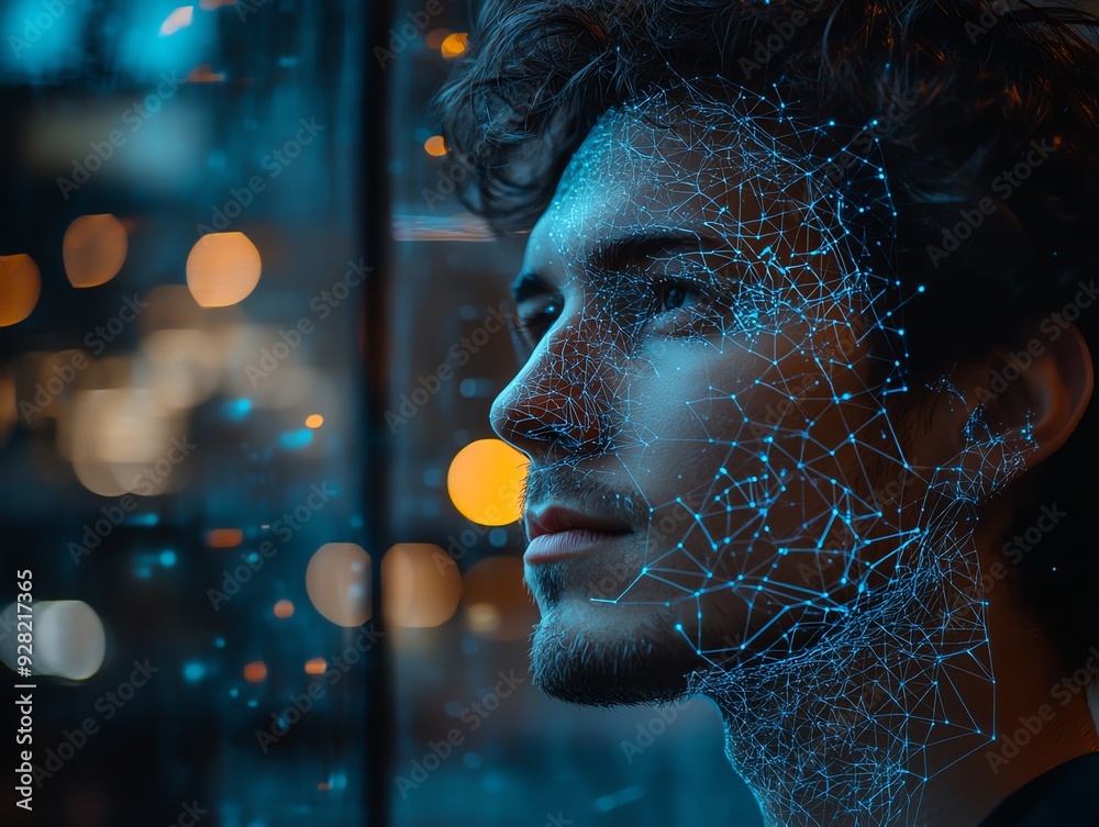 Poster man with futuristic digital face overlay.