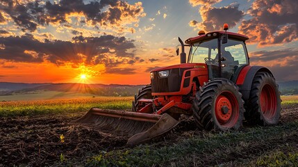 Obraz premium A vibrant orange tractor plowing a field at sunset, embodying rural hard work.