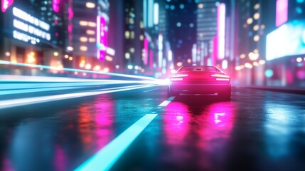 Obraz premium Landscape Where Street Lights, Neon Signs, And Buildings Create A Luminescent Effect With Glowing Trails