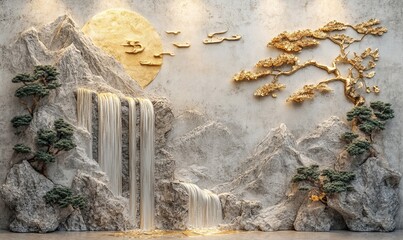 Volumetric stucco molding on a concrete wall with golden elements, Japanese landscape, waterfall, mountains, sakura, Generative AI