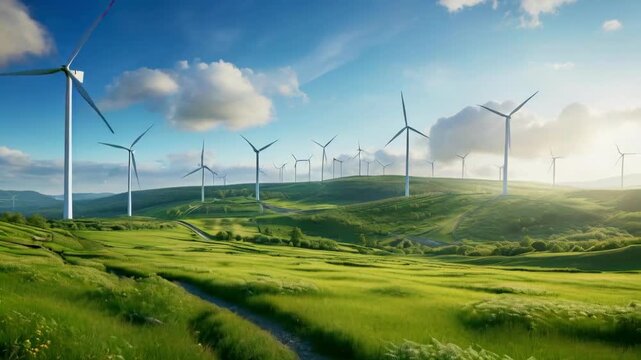 Landscape with Wind Turbines on Rolling Green Hills Under Bright Blue Sky