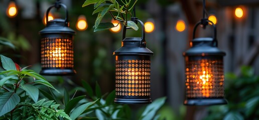 Three black lanterns with flickering flame lights hanging in a garden setting. The lanterns are surrounded by greenery and string lights.