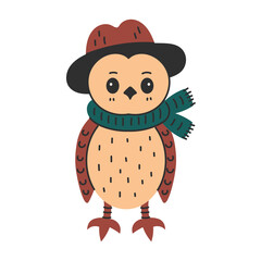 Owl in Hat and Knitted Scarf. Adorable hand drawn forest animal wearing autumn fashion outfit. Cozy wildlife bird. Isolated vector illustration for Fall Winter greeting Cards
