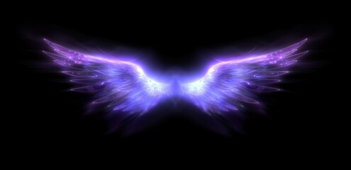A pair of glowing purple angel wings on a black background. Spiritual and ethereal imagery.