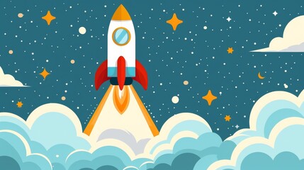 A colorful rocket soaring through a starry sky, surrounded by clouds, perfect for themes of exploration and adventure.