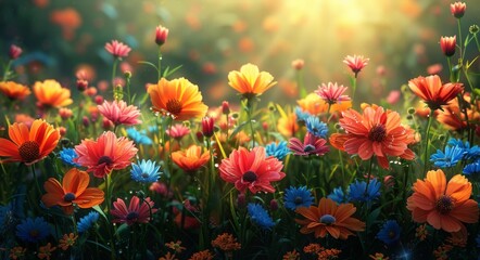 A Vibrant Field of Colorful Wildflowers in Full Bloom