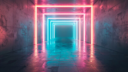 Fototapeta premium A long hallway with neon lights and a white wall by AI generated image