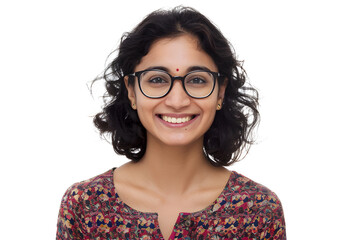 Obraz premium Happy smiling student Indian woman in glasses portrait isolated on white