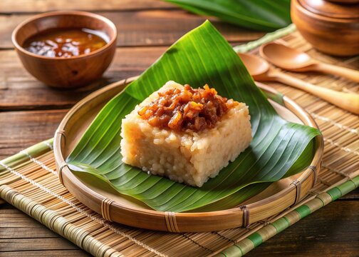 Traditional Filipino biko rice cake, topped with a sweet coconut syrup and latik, served on a woven bamboo plate with fresh banana leaves background.