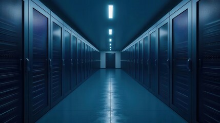 Fototapeta premium A dimly lit corridor lined with storage units, creating an atmosphere of mystery and organization in a modern facility.