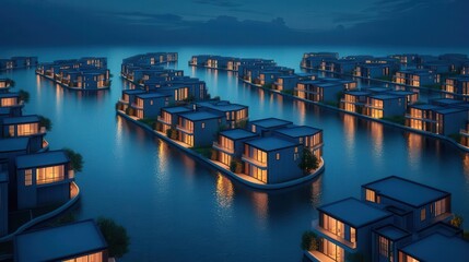 Obraz premium A serene evening view of modern floating houses illuminated over tranquil waters, creating a picturesque and cozy atmosphere.