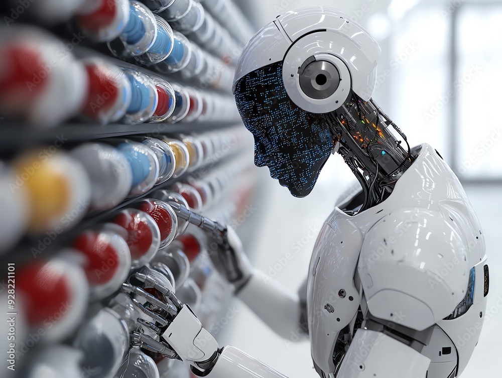 Poster Robot inspecting a row of capsules.