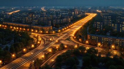 A stunning aerial view of a city highway illuminated at night, showcasing urban architecture and vibrant traffic flow.