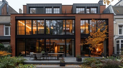 brick and black metal clad residential building with large windows