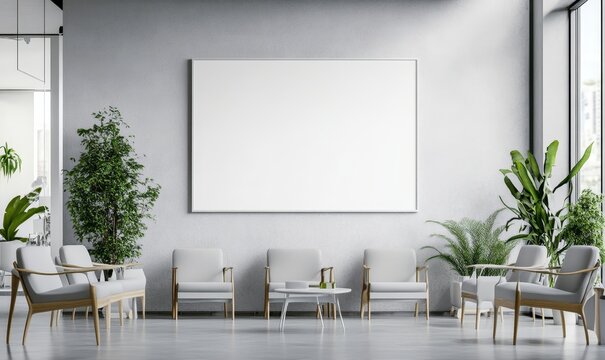 A mockup of an empty white poster on the wall in modern hospital waiting room with comfortable chairs and medical equipment. empty white blank poster on white wall in hospital, white, Generative AI