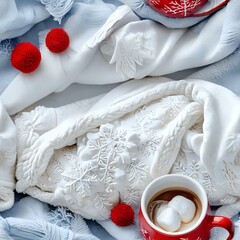 Seamless Pattern Winter Blanket, Cozy Christmas Eve Snuggle in Bed with Cocoa and Peppermint Mochas