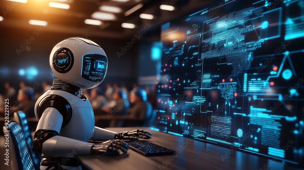 Poster Robot working at a computer with blue screen.