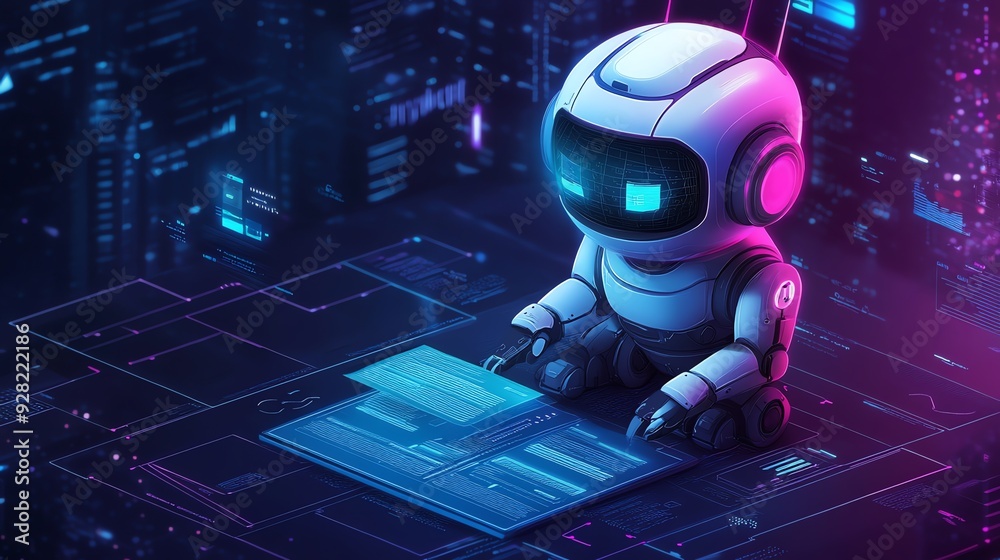 Poster Robot working on digital interface.