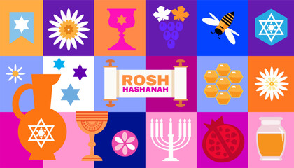 Rosh hashanah , Shana Tova - jewish new year holiday template  banner  Pomegranate, honey, wine, menorah, candle, star David, apple, shofar, flower  Vector flat icon  illustration