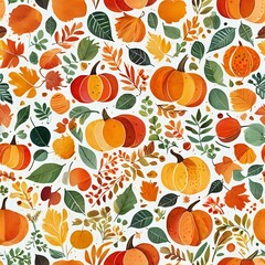 Autumn Harvest Pattern with Pumpkins and Leaves