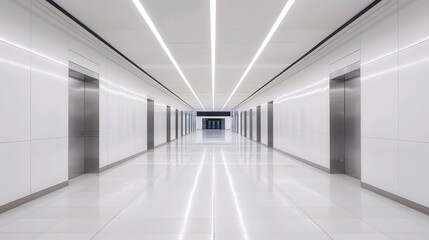 Obraz premium A modern, minimalistic hallway featuring sleek elevators and bright, lined lighting, creating a clean and spacious environment.