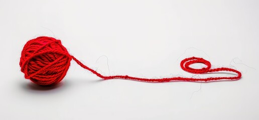 A ball of red yarn on a white background. The yarn is unraveled and a long string is extended out to the right.