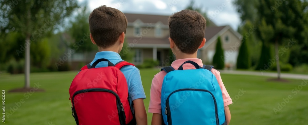 Wall mural two children with backpacks standing in front of the school