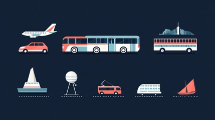 Icons for transport: car, bus, train, ship, plane, and walking. Includes public, travel, and delivery transport icons. Vector illustration. 