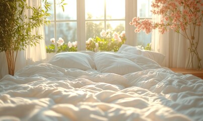 Bed Mattress and Pillows Mess up Bedroom in morning sunlight, White bedding sheets and pillow background, Messy bed after good sleep concept, with beautiful sunshine window and flowers, Generative AI