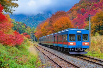 Obraz premium Peaceful colorful autumn fall foliage on a train railway in Japan , Train tracks 