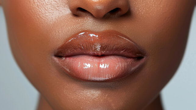 Close up of brown African American woman's lips with shiny clear lip gloss with mouth closed