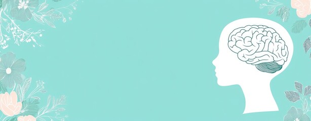 Silhouette of a head with a brain drawing, side view, on a pastel turquoise background, with copy space in the center of the banner, in a minimalist style.