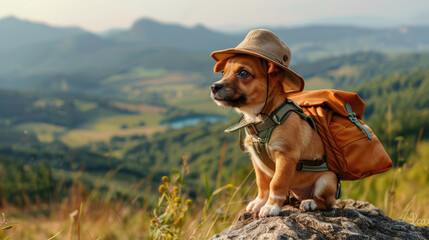 adventurous little puppy with little explorer hat and backpack standing on a rock overlooking beautiful mountain view