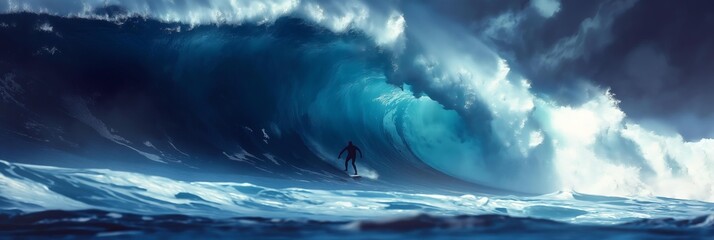Fototapeta premium A skilled surfer balances on a board while riding a large wave, showcasing the thrill of ocean surfing under a clear blue sky.