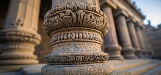Close up view of an ornate stone column with intricate carvings, showcasing architectural detail and craftsmanship.