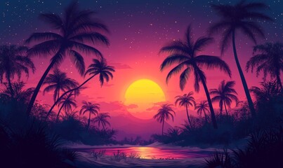 Obraz premium Illustration of a tropical background with sunset or dawn in neon light in retro style. Palm trees and the sun, Generative AI