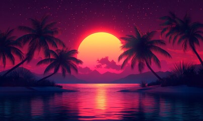 Illustration of a tropical background with sunset or dawn in neon light in retro style. Palm trees and the sun, Generative AI