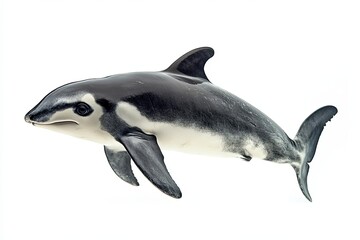 Fototapeta premium A Black and White Dolphin with a Prominent Eye Swimming Against a White Background