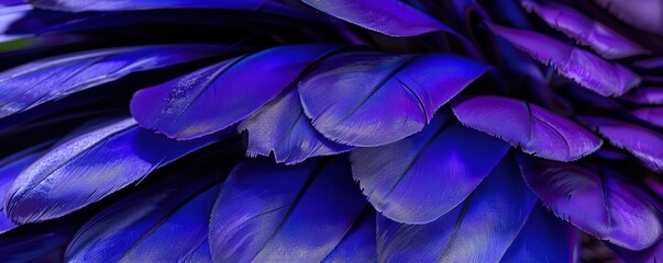 Closeup of blue and purple feathers with soft texture and gradient color. Abstract background for design and decoration.