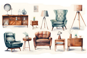 Watercolor illustration of vintage classic furniture collection on white onisolated on white background	