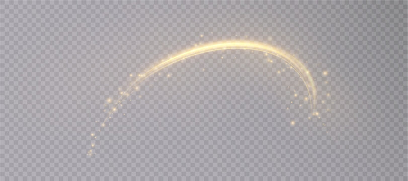 Golden light twirl, curve line light effect with sparks and bock. Glowing golden semicircle. Abstract light energy movement effect. Vector 10 EPS