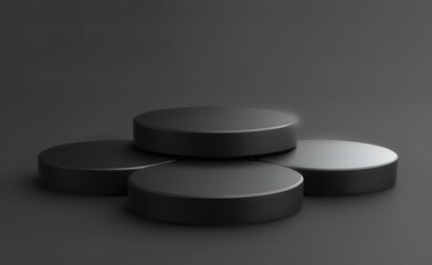 Black podium with five levels on a grey background. 3D rendering for product display or awards ceremony.