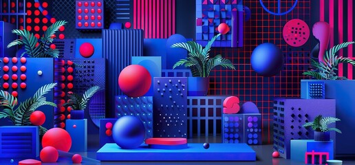 Abstract 3D illustration of a futuristic city with vibrant colors and geometric shapes.