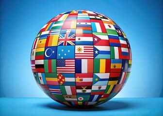 Vibrant globe with flags of countries from around the world, spotlighting cultural diversity and international unity, set against a bright blue background with subtle shadows.