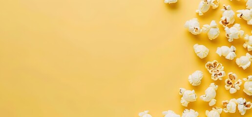 A top view of popcorn scattered on a yellow background with copy space. Perfect for movie night or snack food related designs.
