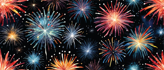 Fireworks in night sky pattern background watercolor style1