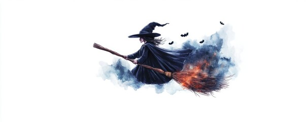 A flying witch with a detailed broomstick is depicted against dark sky elements