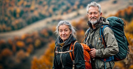 Senior couple hike. Two old happy people walk. Autumn nature with mature woman and man hiking together. Healthy active family lifestyle. Sport travel in autumn mountain landscape. Outside adventure
