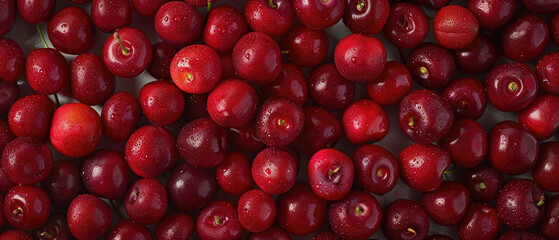 View of a bunch of fresh ripe red Cherry fruits with neatly stacked leaves arranged from above on a wide flat textured background