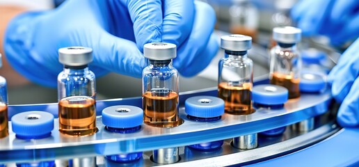 A close up shot of a pharmaceutical production line with vials of medication being processed.